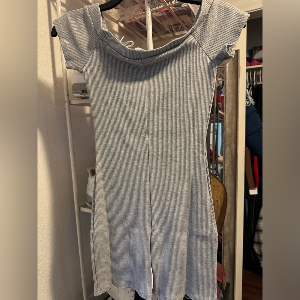 Grey Rib Off Shoulder Romper - Picture 2 of 2